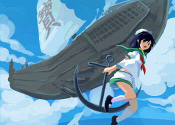 1girl :d anchor black_hair black_shoes cloud cloudy_sky floating furahata_gen green_eyes green_sailor_collar hair_between_eyes hat highres holding holding_anchor murasa_minamitsu neckerchief open_mouth palanquin_ship red_neckerchief sailor_collar sailor_hat sailor_shirt ship shirt shoes shorts sky smile socks solo touhou undefined_fantastic_object watercraft white_hat white_shirt white_shorts white_socks