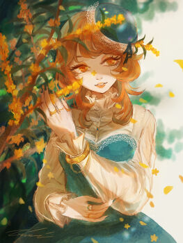 1girl black_nails bracelet breasts brown_hair commentary_request day dress eyelashes gold_osmanthus highres iruyi_kokeishi jewelry multiple_rings original outdoors red_eyes ring signature small_breasts solo tilted_headwear