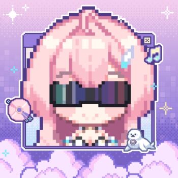 1girl aemeath_(wuthering_waves) ahoge bad_source bare_shoulders blush breasts chibi cleavage closed_mouth disc facing_viewer glint hair_ornament hairclip long_hair lowres medium_breasts musical_note official_art pink_hair ponytail smile solo sunglasses tacet_mark_(wuthering_waves) wuthering_waves