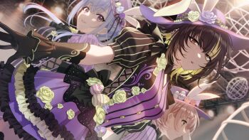 3girls black_hair blonde_hair blue_eyes blue_hair brown_hair buttons cometik_(idolmaster) dress earrings easter_egg egg flower game_cg gloves hat idolmaster idolmaster_shiny_colors idolmaster_shiny_colors_song_for_prism ikaruga_luca ikuta_haruki jewelry multicolored_hair multiple_girls official_art open_mouth profile puffy_sleeves rabbit_ears stage_lights suzuki_hana yellow_eyes