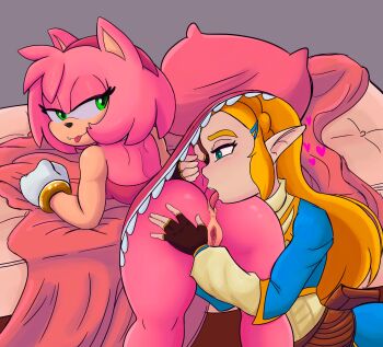 2girls amy_rose anal anilingus anus ass bed blonde_hair crossover dress elgato17 femdom furry gloves green_hair highres interspecies legs long_hair multiple_girls nintendo oral perineum princess_zelda pussy rimming_female sonic_(series) tail the_legend_of_zelda tongue vaginal yuri