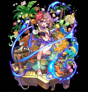 1girl ahoge barefoot barrel black_background boned_meat bow breasts brown_hair cathy_(merc_storia) cleavage crop_top earrings fang fire flower food fruit full_body hair_between_eyes hair_flower hair_ornament hairband highres holding holding_whip jewelry meat merc_storia merc_storia_art_team miniskirt navel official_art open_mouth palm_tree pink_eyes purple_bow purple_skirt red_flower short_hair sidelocks simple_background skirt small_breasts smile solo standing standing_on_one_leg strapless tachi-e thighs tree water whip