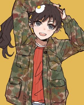 Rule 34 | 1girl, :d, araragi karen, arms behind head, arms up, black eyes, black hair, blue pants, camouflage, camouflage jacket, casual, commentary, denim, egg hair ornament, food-themed hair ornament, fried egg, green jacket, hair ornament, highres, jacket, jeans, long hair, looking afar, looking up, midriff peek, monogatari (series), open clothes, open jacket, open mouth, pants, red sweater, ribbed sweater, side ponytail, smile, solo, sweater, teeth, unbuttoned, upper body, upper teeth only, upturned eyes, valhalla0707, yellow background