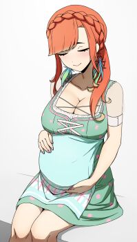 1girl absurdres apron aqua_apron blush closed_eyes cross-laced_clothes cross-laced_dress daydarion dirndl dress earrings feather_earrings feathers german_clothes gradient_hair green_dress highres hololive hololive_english jewelry low-cut multicolored_hair orange_hair pregnant scoop_neck see-through_clothes see-through_sleeves sitting smile square_neckline takanashi_kiara takanashi_kiara_(dirndl) virtual_youtuber