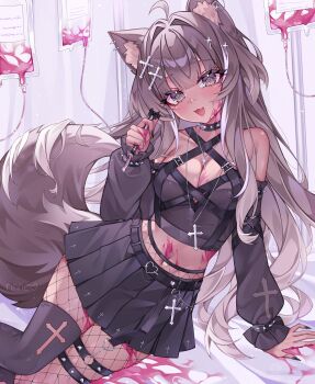 Rule 34 | 1girl, absurdres, ahoge, animal ears, artist name, asymmetrical legwear, belt, black belt, black nails, black skirt, blood, blood bag, boxcutter, breasts, brown hair, cat ears, cat girl, choker, cleavage, commentary, commission, cross, cross-shaped pupils, cross hair ornament, cross necklace, earrings, english commentary, face piercing, fang, fishnet pantyhose, fishnets, hair intakes, hair ornament, heart, highres, holding, indie virtual youtuber, jewelry, long hair, navel, necklace, nose piercing, o-ring, o-ring thigh strap, open mouth, pantyhose, peachyecc (vtuber), piercing, pleated skirt, rinne (rinne oi), skin fang, skirt, smile, solo, spiked choker, spikes, symbol-shaped pupils, tail, thigh strap, thighhighs, thighhighs over pantyhose, virtual youtuber