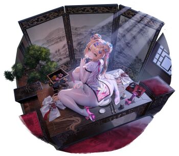 1girl artist_request ass bell blonde_hair blue_eyes blue_flower bodystocking bonsai bow breasts character_request cleavage daiblos_core flower footwear_bow hair_bell hair_flower hair_ornament hair_ribbon high_heels highres large_breasts long_hair looking_back official_art pink_ribbon pink_shoes ribbon shoes single_shoe solo tassel unworn_shoes