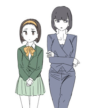 Rule 34 | 2girls, adoptive siblings, black hair, brown eyes, cham67726, clock tower (series), clock tower ghost head, closed mouth, commentary, crossed arms, fujika (clock tower), green jacket, green shirt, green skirt, grey eyes, grey jacket, grey pants, hairband, jacket, looking to the side, midoushima yuu, multiple girls, own hands together, pants, school uniform, shirt, short hair, siblings, sisters, skirt, yellow hairband