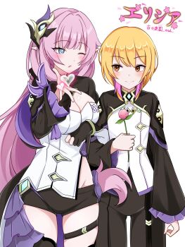 1boy 1girl adapted_costume black_gloves black_panties black_shorts blonde_hair blowing_kiss blue_eyes breasts cleavage commentary_request corset cosplay elf elysia_(honkai_impact) elysia_(honkai_impact)_(cosplay) elysia_(miss_pink_elf)_(honkai_impact) flower gloves groin hair_ornament highres holding holding_flower honkai_(series) honkai_impact_3rd large_breasts long_hair looking_at_another original panties partially_fingerless_gloves pink_flower pink_hair pink_tulip pointy_ears sakyumiru second-party_source shirt short_hair short_shorts shorts shrug_(clothing) simple_background single_glove thigh_strap thighs tulip underwear very_long_hair white_background white_corset white_shirt