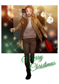 1boy :d alternate_costume bag black_boots blush boots breath brown_hair brown_jacket brown_pants building christmas commentary_request contemporary earrings english_text full_body hashimoto_(yanagi-momo) holding holding_bag hood hood_down hooded_jacket jacket jewelry kamado_tanjirou kimetsu_no_yaiba light_particles long_sleeves looking_at_viewer male_focus merry_christmas night open_clothes open_jacket open_mouth outdoors pants red_eyes red_hair ribbed_sweater running scar scar_on_face scar_on_forehead shopping_bag short_hair smile snow snowing solo sparkle sweater turtleneck turtleneck_sweater walking white_sweater winter_clothes