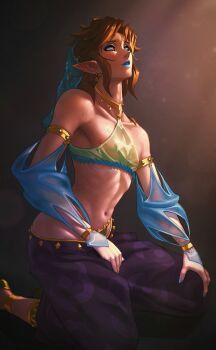 Rule 34 | 1boy, absurdres, androgynous, arabian clothes, blue eyeliner, blue lips, brown hair, commentary, crossdressing, crossdressing (mtf), detached sleeves, easterhands, english commentary, eyeliner, gerudo set (zelda), harem pants, highres, link, makeup, male focus, mouth veil, nintendo, pants, pointy ears, purple pants, simple background, solo, solo focus, the legend of zelda, the legend of zelda: breath of the wild, the legend of zelda: tears of the kingdom, toned, toned male, trap, veil