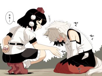 Rule 34 | +++, 2girls, absurdres, animal ears, black hair, black skirt, closed eyes, commentary request, controller, detached sleeves, frilled skirt, frills, geta, grey hair, hat, highres, holding, holding controller, holding remote control, inubashiri momiji, kapuri (capuriwa), missing wings, multiple girls, open mouth, pom pom (clothes), puffy short sleeves, puffy sleeves, red hat, red shoes, red skirt, remote control, remote control vibrator, sex toy, shameimaru aya, shirt, shoes, short sleeves, sitting, skirt, smile, socks, speech bubble, squatting, tail, tengu-geta, tokin hat, touhou, translated, trembling, two-tone skirt, vibrator, white shirt, white socks, wolf ears, wolf girl, wolf tail