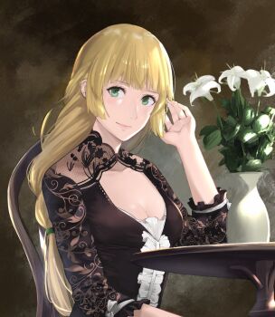 1girl alternate_costume black_dress blonde_hair blunt_bangs breasts center_frills cleavage cleavage_cutout closed_mouth clothing_cutout collarbone commentary dress english_commentary female_focus fire_emblem fire_emblem:_three_houses flower frilled_dress frilled_sleeves frills green_eyes hand_up ingrid_brandl_galatea j@ck long_hair long_sleeves looking_at_viewer medium_breasts nintendo pink_lips signature smile solo vase white_flower