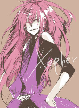 1boy 2010 androgynous bare_shoulders beatmania_iidx beatmania_iidx_12_happy_sky bemani black_shirt brown_background commentary copyright_name earrings english_commentary hand_on_own_hip japanese_clothes jewelry kimono licht_(iidx) long_hair looking_to_the_side male_focus open_mouth pink_hair pink_kimono red_eyes sash shirt simple_background sleeveless sleeveless_kimono solo standing tea212 turtleneck turtleneck_shirt v-shaped_eyebrows very_long_hair xepher