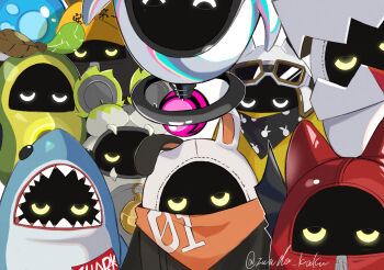 artist_name avocaboo_(zenless_zone_zero) bandana bangboo_(zenless_zone_zero) belion_(zenless_zone_zero) bell black_bandana devilboo_(zenless_zone_zero) eous_(zenless_zone_zero) goggles goggles_on_head half-closed_eyes highres looking_at_viewer no_humans orange_bandana paperboo_(zenless_zone_zero) plugboo_(zenless_zone_zero) resonaboo_(zenless_zone_zero) rocketboo_(zenless_zone_zero) safety_(zenless_zone_zero) sharkboo_(zenless_zone_zero) single_ear_down twitter_username yellow_eyes zenless_zone_zero zunda_kaku