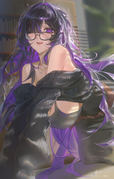 Rule 34 | 1girl, @ @, all fours, belt, black-framed eyewear, black cardigan, black dress, black hair, bookshelf, breasts, cardigan, commentary request, dress, glasses, goddess of victory: nikke, hair over one eye, highres, huge breasts, indoors, label (nikke), long hair, looking at viewer, mole, mole on breast, multicolored hair, nervous smile, one eye covered, purple eyes, purple hair, shalink, sleeveless, sleeveless dress, smile, solo, two-tone hair, very long hair