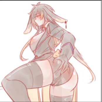 1girl anku7u ass_grab dripping genderswap genderswap_(mtf) genshin_impact highres rabbit_ears solo solo_focus squeezing zhongli_(genshin_impact)