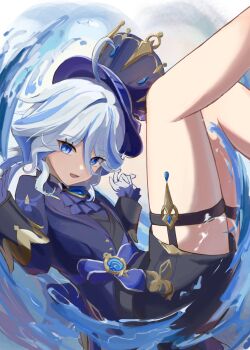 Rule 34 | 1girl, absurdres, ahoge, ascot, black shorts, black vest, blue ascot, blue eyes, blue gem, blue hair, blue hat, blue jacket, blue pupils, blue streaks, commentary, drop-shaped pupils, feet out of frame, frilled sleeves, frills, furina (genshin impact), gem, genshin impact, gloves, hair between eyes, hat, highres, hydro symbol (genshin impact), jacket, long sleeves, looking at viewer, mismatched pupils, multicolored hair, nemui jinrui, open mouth, short hair, shorts, solo, streaked hair, symbol-shaped pupils, thigh strap, top hat, vest, vision (genshin impact), water, white gloves, white hair