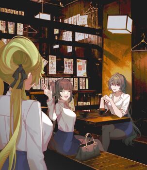 3girls absurdres ai_hyperion_lambda bag black_pantyhose blue_skirt breasts brown_hair cleavage clothes_hanger commentary crossed_legs english_commentary green_hair grey_hair handbag highres honkai:_star_rail honkai_(series) honkai_impact_3rd indoors large_breasts long_hair multiple_girls open_mouth pantyhose purple_eyes shirt sitting skirt smile sparkle_(honkai:_star_rail) table tana_(tanabio) twintails very_long_hair vita_(honkai_impact) white_shirt