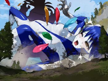 Rule 34 | blue hair, blue sky, breasts, commentary request, dirt, feathers, giant, giantess, kaiju, nikunopengin, one eye closed, open mouth, original, sky, tree, ultra series