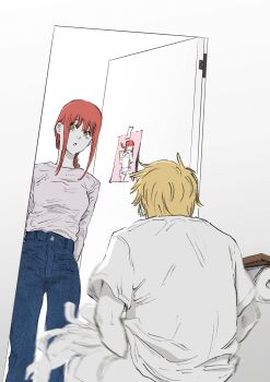 1boy 1girl absurdres blonde_hair blue_pants bottomless braid braided_ponytail breasts caught chainsaw_man denim denji_(chainsaw_man) highres jeans makima_(chainsaw_man) male_masturbation masturbation medium_breasts open_door pants photo_(object) red_hair senaka_look shirt_tucked_in sidelocks sitting tape toilet_paper walk-in yellow_eyes