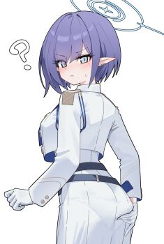 1girl ? absurdres aoi_(blue_archive) ass blue_archive blue_eyes blue_hair blue_halo collared_jacket commentary_request cropped_jacket earclip gloves halo hand_on_own_ass highres jacket long_sleeves looking_at_viewer looking_back mole mole_under_eye pantylines pointy_ears ribbed_skirt short_hair simple_background skirt solo tay_(cdjk7758) white_background white_gloves white_jacket white_skirt
