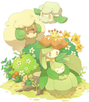 :d bush closed_eyes commentary_request cottonee flower gen_5_pokemon grass hands_up lilligant monster_girl mugita_konomi nintendo open_mouth orange_eyes petilil plant_girl pokemon pokemon_(creature) sitting sleeping smile tongue tree_stump whimsicott yellow_flower