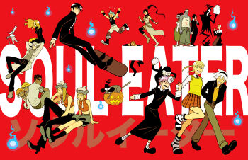 absurdres azusa_yumi black_star blair_(soul_eater) blonde_hair copyright_name crona_(soul_eater) death_the_kid elizabeth_thompson excalibur_(soul_eater) franken_stein_(soul_eater) highres hitodama jack-o&#039;-lantern justin_law kilik_lunge maka_albarn marie_mjolnir mira_kniges multiple_boys multiple_girls nakatsukasa_tsubaki patricia_thompson pink_hair plaid_clothes plaid_skirt pot_of_fire pot_of_thunder ragnarok_(soul_eater) red_background sarakipin shinigami-sama sid_barett skirt soul_eater soul_evans spirit_albarn twintails white_hair