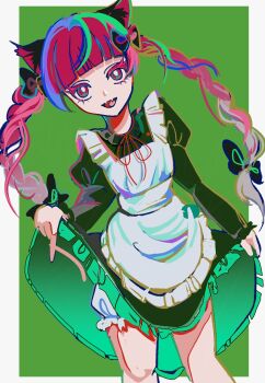 Rule 34 | 1girl, adya adya a, animal ears, apron, blunt bangs, braid, bright pupils, cat ears, cat girl, clothes lift, commentary, dress, dress lift, fangs, green background, highres, kaenbyou rin, lifting own clothes, long hair, long sleeves, looking at viewer, maid, open mouth, red eyes, red hair, side braids, simple background, skin fangs, smile, solo, symbol-only commentary, touhou, twin braids, white apron, white pupils