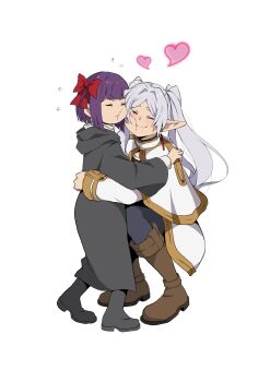 Rule 34 | 2girls, aged down, black boots, black pantyhose, black robe, blunt bangs, blush, boots, bow, brown boots, capelet, cheek-to-cheek, cheek squash, closed eyes, closed mouth, commentary, earrings, elf, fern (sousou no frieren), flying sweatdrops, frieren, frown, full body, grey hair, hair bow, heads together, heart, highres, hooded robe, hug, jewelry, knee boots, long hair, multiple girls, pantyhose, parted bangs, pointy ears, purple hair, red bow, robe, short eyebrows, short hair, simple background, smile, sousou no frieren, squatting, standing, thick eyebrows, twintails, v-shaped eyebrows, white background, white capelet, yasehattagi