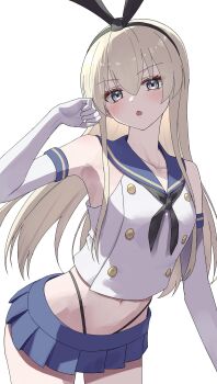 1girl absurdres black_hairband black_neckerchief black_panties blonde_hair blue_sailor_collar blue_skirt commentary_request cowboy_shot crop_top elbow_gloves gloves grey_eyes hairband highleg highleg_panties highres kantai_collection l_meet long_hair microskirt miniskirt neckerchief panties pleated_skirt sailor_collar shimakaze_(kancolle) shirt simple_background skirt sleeveless sleeveless_shirt solo underwear white_background white_gloves