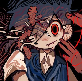 1boy alternate_eye_color antenna_hair black_hair black_sweater_vest blood blood_on_face blush collared_shirt double-parted_bangs hair_between_eyes highres looking_at_viewer male_focus omori parted_lips red_eyes shirt short_hair short_sleeves solo sunny_(omori) sweater_vest uminosoko44 upper_body white_shirt