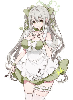Rule 34 | 1girl, absurdres, alternate costume, apron, ash (cat7evy), bare shoulders, blue archive, bow, breasts, choker, cleavage, collarbone, commentary request, cowboy shot, dress, frilled apron, frilled thigh strap, frills, green bow, green choker, green dress, green halo, green ribbon, grey hair, hair between eyes, hair bow, hair ribbon, halo, hand up, highres, holding, holding knife, knife, large breasts, long hair, looking at viewer, miyo (blue archive), paid reward available, ribbon, short dress, sidelocks, simple background, sleeveless, sleeveless dress, smile, solo, thigh strap, thighhighs, twintails, white apron, white background, white ribbon, white thighhighs, yellow eyes