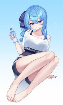 1girl absurdres barefoot black_shorts blue_background blue_eyes blue_hair blue_ribbon bottle character_name commentary_request cropped_shirt demcheg double-parted_bangs feet full_body gradient_background hair_between_eyes hair_ribbon highres holding holding_bottle hololive hololive_dance_practice_uniform hoshimachi_suisei long_hair looking_at_viewer off-shoulder_shirt off_shoulder official_alternate_costume ribbon shirt short_shorts shorts side_ponytail sidelocks simple_background sitting solo star_(symbol) star_in_eye symbol_in_eye t-shirt toes virtual_youtuber white_shirt