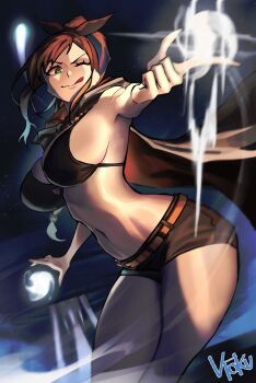 1girl absurdres artist_name belt bikini bikini_top_only black_bikini black_cape black_shorts breasts brown_hair cape cleavage cloak cloud cloudy_sky commentary commission desert english_commentary extra_pupils finger_gun front-tie_bikini_top front-tie_top green_eyes hair_ribbon high_ponytail highres large_breasts long_hair looking_at_viewer magic multi-tied_hair navel night one_eye_closed orange_belt orange_cape outdoors ponytail re:zero_kara_hajimeru_isekai_seikatsu ribbon shaula_(re:zero) shooting_star short_shorts shorts sky smile solo star_(sky) swimsuit thighs tower two-tone_cape vtoku