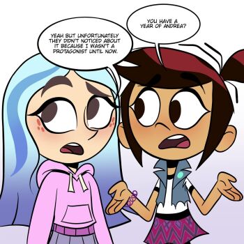 Rule 34 | 2girls, andrea davenport, commentary, drawstring, english commentary, english text, freckles, highres, hood, hoodie, joseartcentenoofficial, long hair, molly mcgee, multiple girls, pink hoodie, ringer t-shirt, short hair, speech bubble, the ghost and molly mcgee, toon (style), torn vest, very long hair