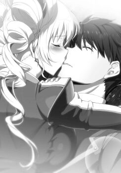 1boy 1girl assertive_female blush breasts claire_harvey closed_eyes drill_hair highres hug hundred_(light_novel) kisaragi_hayato kiss long_hair monochrome muscular muscular_male novel_illustration official_art ookuma_nekosuke school_uniform short_hair sideboob twin_drills