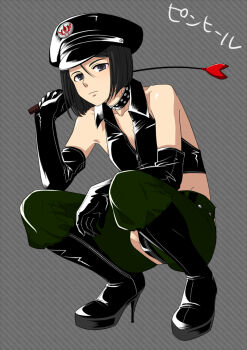 1boy bdsm black_eyes black_hair boots chaps command_spell crossdressing crossdressing_(mtf) dominatrix fate/zero fate_(series) hat high_heels leather male_focus riding_crop shako_cap shipa shoes solo squatting switch vest waver_velvet