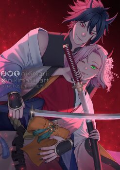 1boy 1girl black_hair black_nails cherry_blossoms closed_mouth couple demon_boy demon_girl demon_horns flower green_eyes hair_between_eyes hair_flower hair_ornament haruno_sakura hetero holding holding_sword holding_weapon horns japanese_clothes katana nail_polish naruto_(series) naruto_shippuuden nikimarii one_eye_closed parted_bangs pink_flower pink_hair red_background red_eyes short_hair smile sword twitter_username uchiha_sasuke weapon