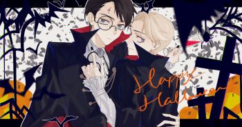 2boys bat_(animal) black_cape black_hair black_nails blonde_hair blue_eyes bug cape closed_mouth collar cup draco_malfoy drinking_glass english_text frilled_sleeves frills glasses halloween hand_on_another's_back happy_halloween harry_potter harry_potter_(series) high_collar holding_glass holding_wine_glass index_finger_raised lightning_bolt_symbol looking_at_viewer male_focus multiple_boys nail_polish pixiv_id_71379673 scar scar_on_face scar_on_forehead short_hair silhouette spider vampire vampire_costume wine_glass wizarding_world yaoi