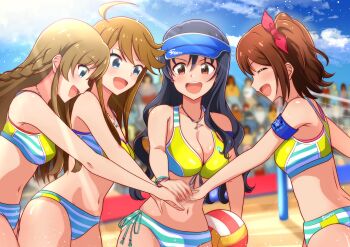 4girls absurdres audience ball beach_volleyball bikini black_hair blue_eyes breasts brown_eyes brown_hair cleavage hand_on_another&#039;s_hand highres idolmaster idolmaster_million_live! kasuga_mirai kousaka_umi large_breasts long_hair mimiu_p multiple_girls outstretched_arms sports_bikini striped_bikini striped_clothes swimsuit takayama_sayoko tokoro_megumi visor_cap volleyball_(object)