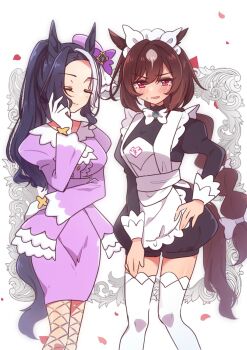 2girls animal_ears apron ascot black_hair black_romper blush bow bowtie braid braided_ponytail breasts brown_hair closed_eyes closed_mouth cosplay den_den_tumuri dress fascinator fishnet_pantyhose fishnets frilled_ascot frills glove_bow gloves hair_between_eyes highres horse_ears horse_girl horse_tail jacinthe_(pokemon) jacinthe_(pokemon)_(cosplay) juliet_sleeves lebanne_(pokemon) lebanne_(pokemon)_(cosplay) long_hair long_sleeves looking_at_viewer maid maid_apron maid_headdress medium_breasts mega_stone mejiro_ramonu_(umamusume) multicolored_hair multiple_girls nintendo open_mouth pantyhose pokemon pokemon_legends:_z-a ponytail puffy_sleeves purple_dress red_eyes romper sirius_symboli_(umamusume) smile streaked_hair sweatdrop tail thighhighs umamusume very_long_hair white_apron white_bow white_bowtie white_gloves white_hair white_headdress white_thighhighs