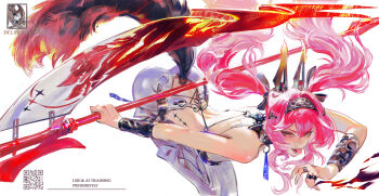 1girl absurdres arm_armor artist_logo back backless_bodysuit bare_shoulders bent_over black_bow bodysuit bow breasts collar commentary deliberty english_commentary hair_between_eyes hair_bow hair_ornament headgear highres holding holding_polearm holding_weapon logo long_hair lupa_(wuthering_waves) medium_breasts metal_collar multiple_hair_bows pink_hair polearm qr_code red_pupils simple_background smile solo tacet_mark_(wuthering_waves) tail tongue tongue_out twintails variant_set weapon white_background white_bodysuit wolf_tail wuthering_waves yellow_eyes