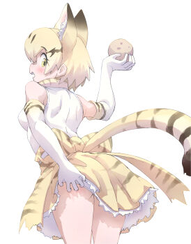 1girl absurdres animal_ears back bare_shoulders blonde_hair blush bow bowtie cat_ears cat_girl cat_tail elbow_gloves extra_ears gloves highres kemono_friends looking_at_viewer looking_back lowlandgorilla panties ribbon sand_cat_(kemono_friends) shirt short_hair simple_background skirt sleeveless sleeveless_shirt solo tail underwear yellow_eyes