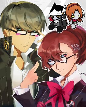 2boys 2girls absurdres akalegos bespectacled black-framed_eyewear black_jacket blush bow bowtie brown_hair chibi closed_mouth collared_shirt commentary gekkoukan_high_school_uniform glasses grey_eyes grey_hair hair_ornament hairclip highres in-franchise_crossover izanagi_(persona_4) jacket long_sleeves looking_at_viewer multiple_boys multiple_girls orpheus_(female)_(persona) persona persona_(summon) persona_3 persona_3_portable persona_4 red_bow red_bowtie red_eyes school_uniform shiomi_kotone shirt short_hair smile teardrop-framed_glasses upper_body white_shirt yasogami_school_uniform