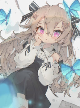 Rule 34 | 1girl, absurdres, black bow, black dress, black ribbon, blue butterfly, blurry, blurry foreground, blush, bow, brown hair, bug, butterfly, collared shirt, commentary, dated commentary, double-parted bangs, dress, hair between eyes, hair bow, hands up, highres, insect, long hair, long sleeves, looking at viewer, nep (nep 76), open mouth, original, pinafore dress, pink eyes, ribbon, shirt, simple background, sleeve ribbon, sleeveless, sleeveless dress, solo, white background, white shirt