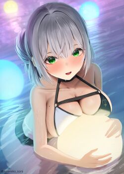 Rule 34 | 1girl, absurdres, amane sora, bikini, black bikini, blush, breast rest, breasts, carried breast rest, carrying, cleavage, collarbone, glowing, green eyes, grey hair, hair bun, highres, hololive, large breasts, light smile, looking at viewer, multicolored bikini, orb, partially submerged, shirogane noel, solo, swimsuit, two-tone bikini, virtual youtuber, white bikini