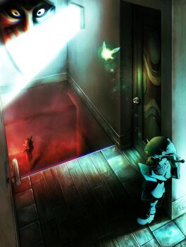 Rule 34 | 1boy, absurdres, against wall, book, boots, character request, chromatic aberration, diary, dim lighting, door, hat, highres, holding, holding book, indoors, ktmr mgmg, light particles, light rays, link, long pointy ears, mask, nintendo, pointy ears, sheath, sheathed, shield, sweat, tatl, the legend of zelda, the legend of zelda: majora's mask, tunic, window, writing