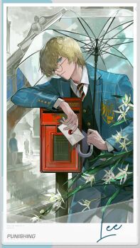 1other 2boys absurdres arm_rest black_necktie black_vest blonde_hair blue_eyes blue_panties blue_suit building character_name closed_mouth collared_shirt commentary copyright_name earrings english_commentary english_text envelope flower formal_clothes glasses highres holding holding_envelope holding_umbrella jewelry lee_(pgr) lily_(flower) long_sleeves male_focus multicolored_necktie multiple_boys necktie official_art panties picture_frame plaid_suit postbox_(outgoing_mail) punishing:_gray_raven shirt short_hair sleeves_past_wrists solo_focus standing suit transparent transparent_umbrella umbrella underwear vest white_flower white_shirt