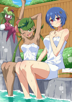 ;d absurdres amane_(senran_kagura) armpits blue_hair blue_sky blush breasts bucket cleavage closed_mouth cloud commentary_request crossover dark-skinned_female dark_skin day eggman_(ni_tamagoex) gen_7_pokemon green_eyes green_hair highres long_hair looking_at_viewer mallow_(pokemon) medium_breasts naked_towel nintendo one_eye_closed onsen open_mouth outdoors pokemon pokemon_(creature) pokemon_sm red_eyes senran_kagura short_hair sitting sky smile towel tsareena twintails wet