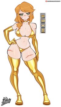 1girl abs alex_(minecraft) bikini boots breasts cleavage expressionless full_body gloves gold_bikini gold_choker gold_gloves gold_thighhighs green_eyes highres large_breasts looking_at_viewer minecraft navel orange_hair scar scar_on_face scar_on_leg skindentation solo srbready standing swimsuit thigh_boots thighhighs